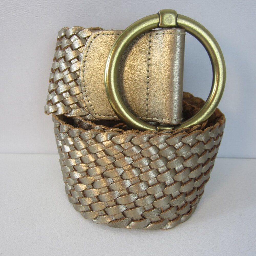 NEW Ann Taylor Women S Metallic Gold Woven Leather Wide Belt Ring Buckle